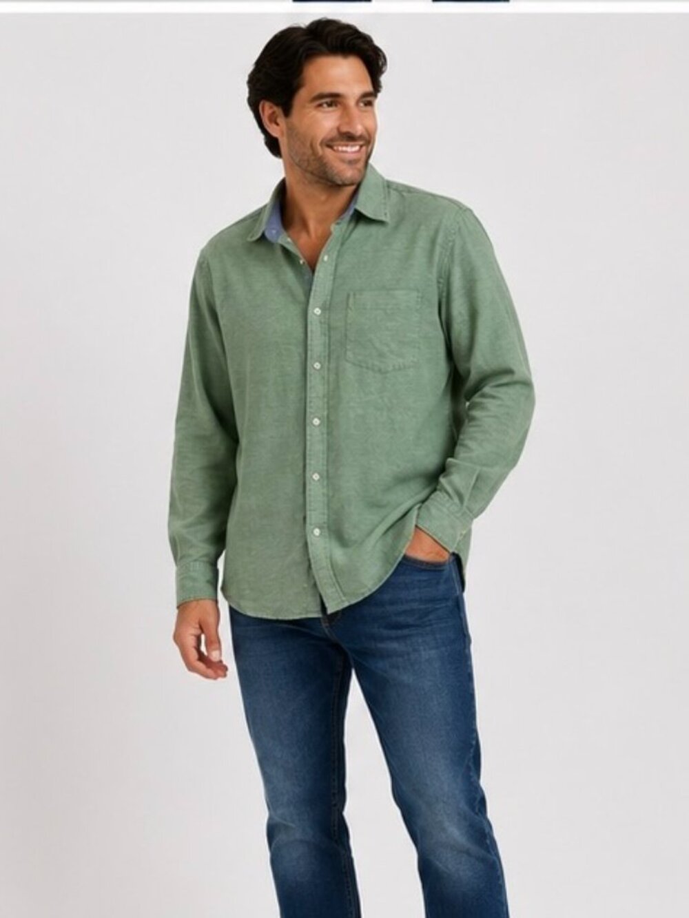 Tailor Vintage Men's Medium Green Long Sleeve Button Up Shirt Luxe Performance A